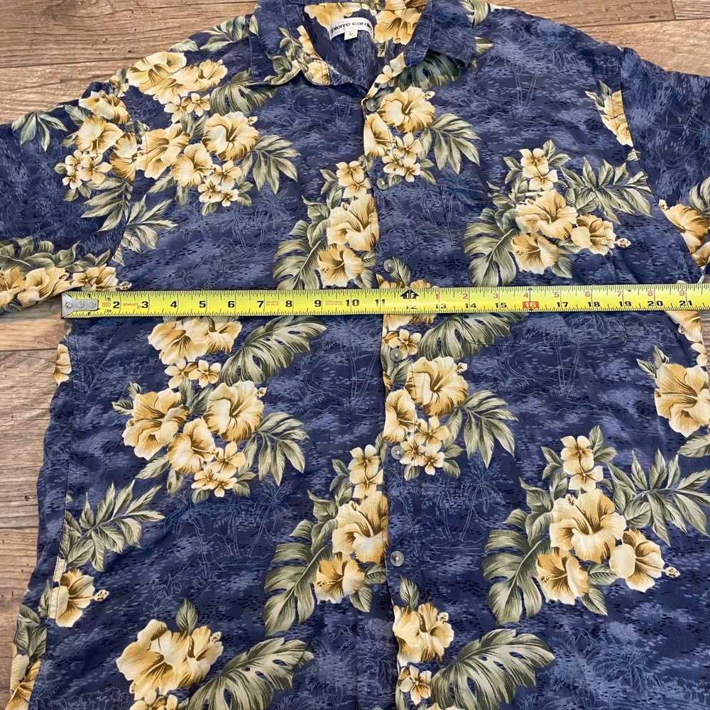 Pierre Cardin Mens Large Blue Tropical Hibiscus Floral Rayon Hawaiian Camp Shirt - Picture 5 of 7